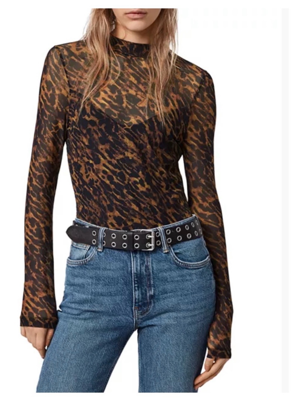 AllSaints Brown and Black Sheer Animal-Print Long-Sleeve Top